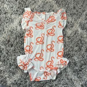 Kate Quinn Organics Orange Snake Print Ruffle Romper Bodysuit Girl 18-24 Months